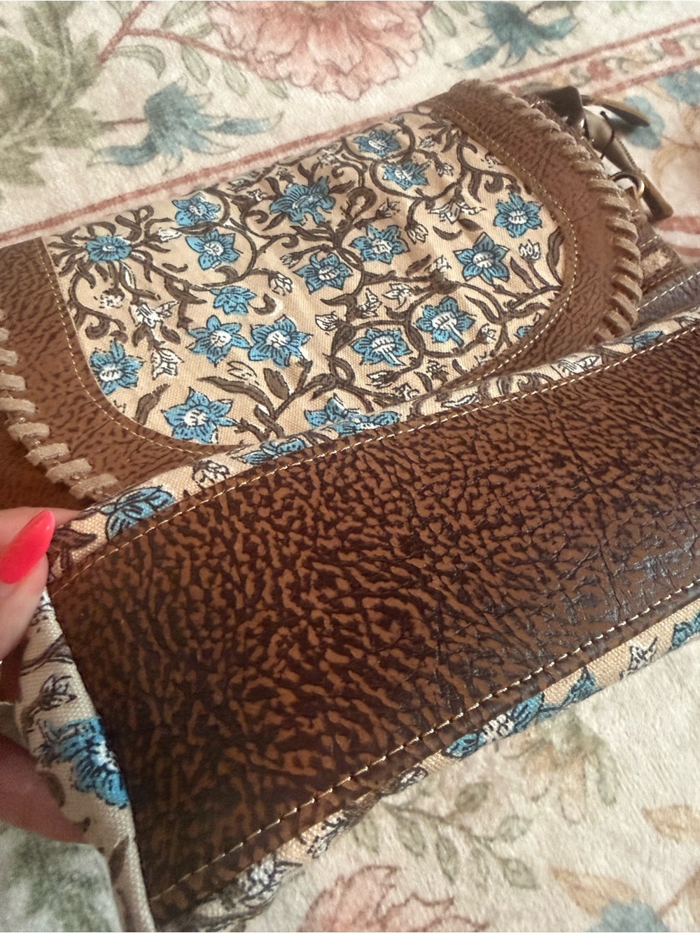 Myra Handcrafted Blue Floral Crossbody Bag with Brown Leather Trim - Picture 10 of 10